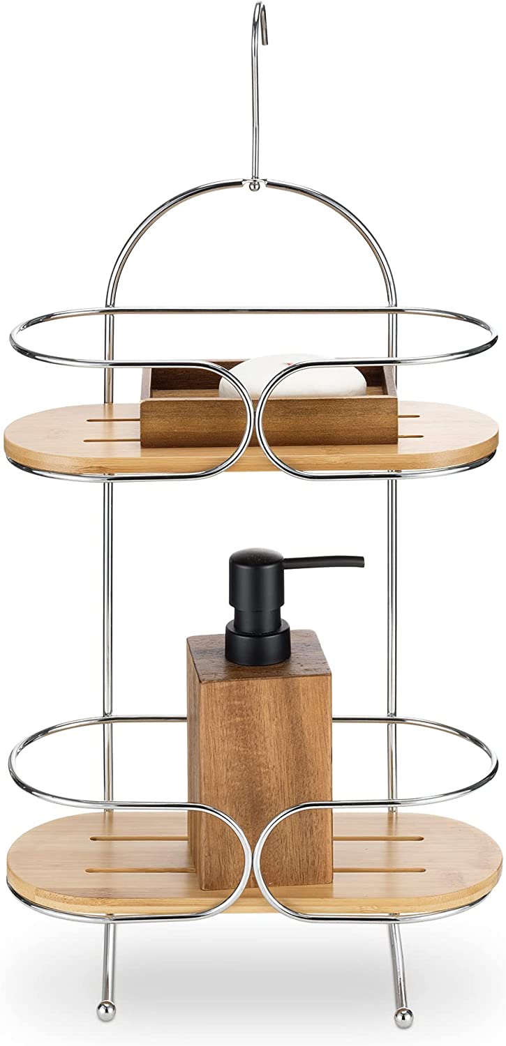 Navaris Κρεμαστό Ράφι Ντουζιέρας 2 Επιπέδων από Μπαμπού και Μέταλλο - Natural / Silver - 57019.01