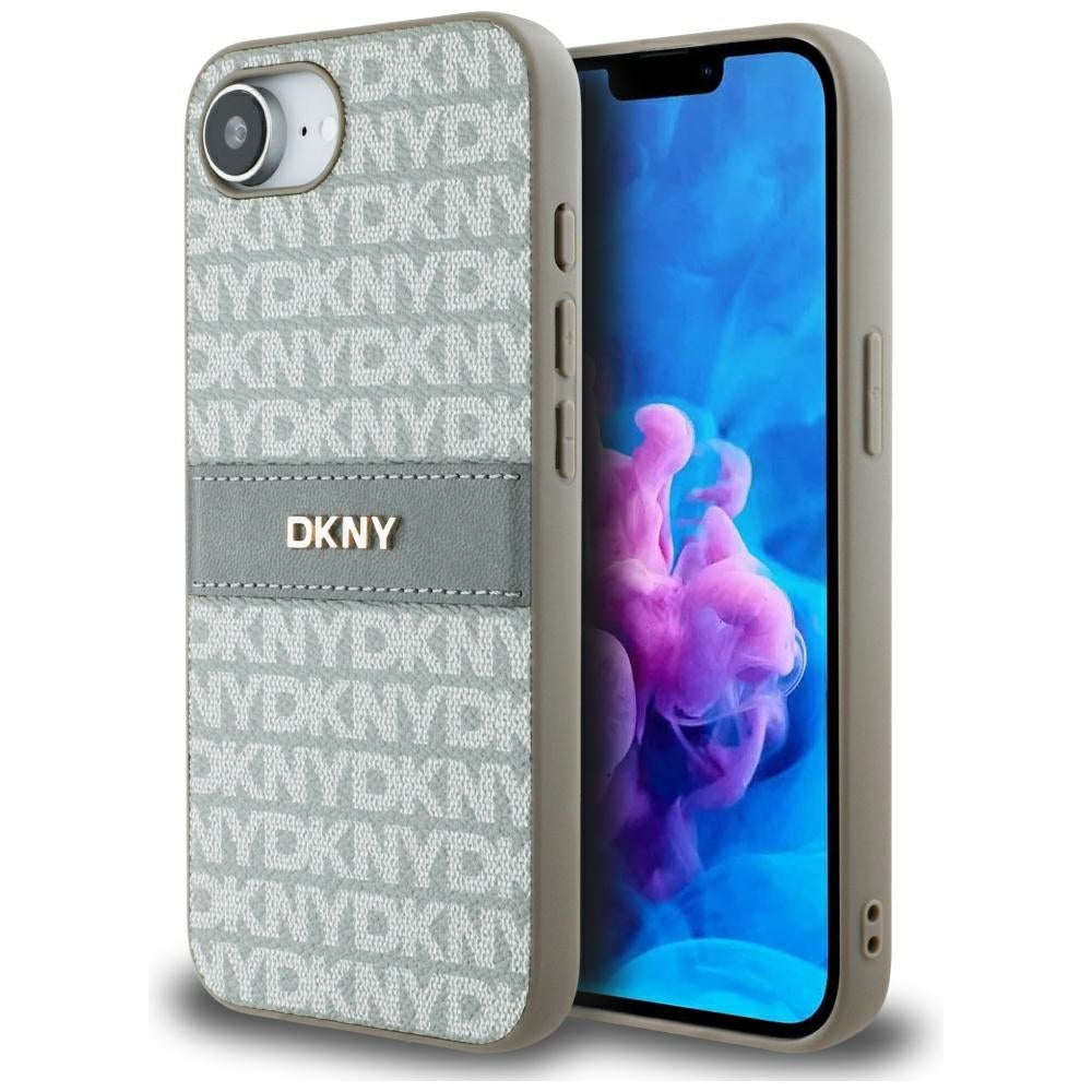 DKNY iPhone 16e - Repeat Texture Pattern with Tonal Stripe - Σκληρή Θήκη με Πλαίσιο Σιλικόνης και Επένδυση Συνθετικού Δέρματος - Beige