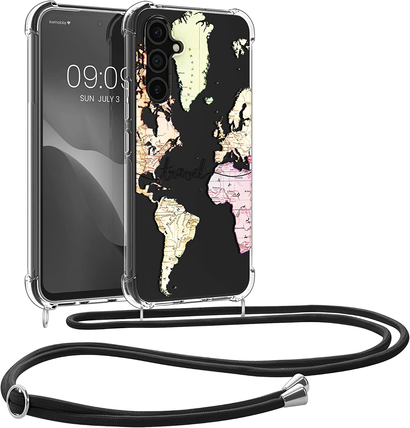 KW Samsung Galaxy A54 5G Θήκη Σιλικόνης TPU με Λουράκι Design Travel Lettering - Black / Multicoloured / Διάφανη - 60804.02