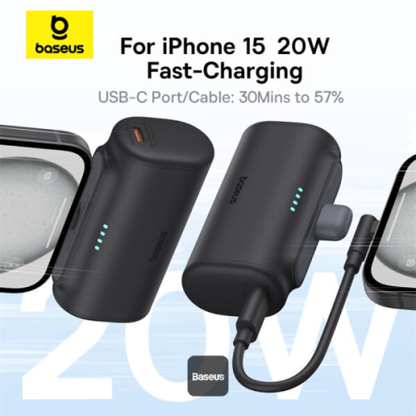 Baseus Compact Series Type-C - PowerBank 5000mAh 20W με Καλώδιο Type-C to Type-C - Black - P10068306113-00