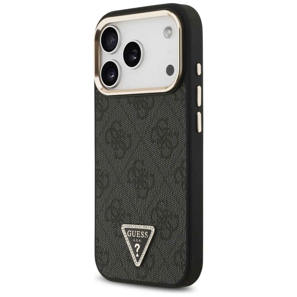 Guess iPhone 17 Pro - 4G Triangle Strass Logo MagSafe - Σκληρή Θήκη με Επένδυση Συνθετικού Δέρματος - Black / Gold - GUHMP17LP4GTDGMK