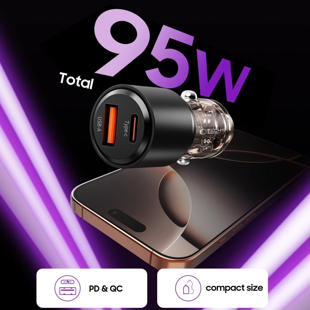 Tech - Protect CC03 PD95W Φορτιστής Αυτοκινήτου Γρήγορης Φόρτισης με 1 Θύρα Type - C και 1 Θύρα USB - Black