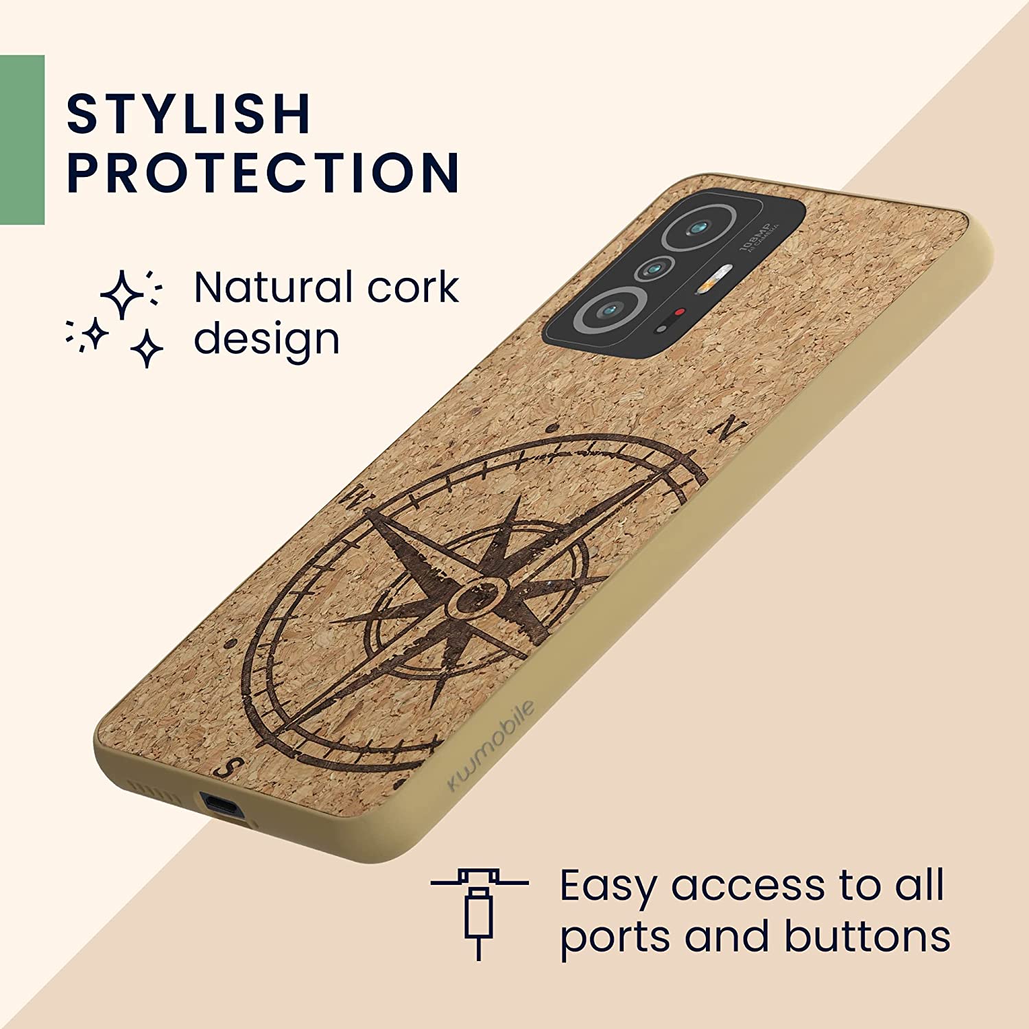 KW Xiaomi 11T / 11T Pro Σκληρή Θήκη από Φελλό με Πλαίσιο Σιλικόνης - Design Navigational Compass - Dark Brown / Light Brown - 57926.02