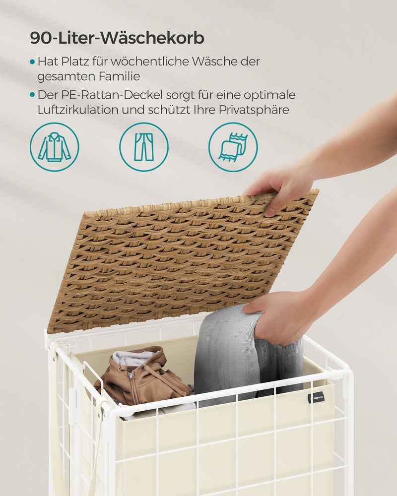 Songmics Τροχήλατο Αναδιπλούμενο Καλάθι Απλύτων με Καπάκι - 90L - Natural Beige / Cream White - LCB290N01