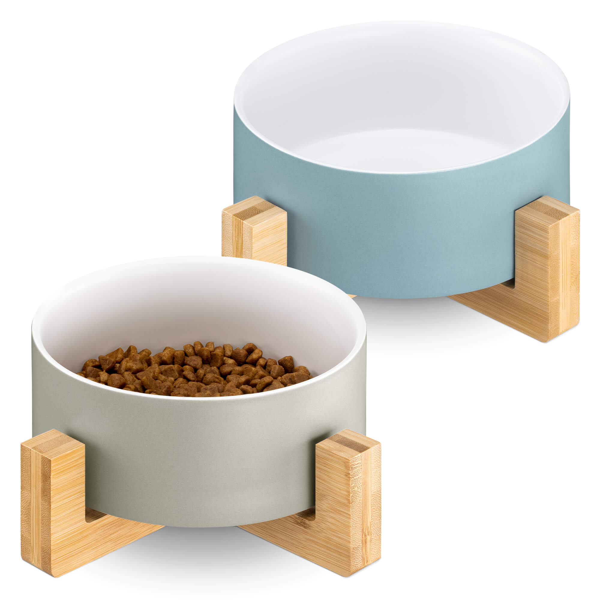 Navaris Σετ με 2 Κεραμικά Μπολ Φαγητού και Νερού 850ml με Βάση από Μπαμπού για Κατοικίδια - Blue - Grey - 55430.2.22