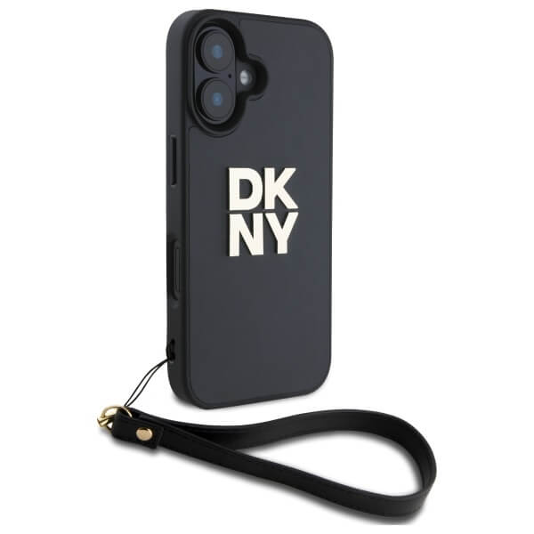 DKNY iPhone 16 - Wrist Strap Stock Logo - Σκληρή Θήκη με Επένδυση Συνθετικού Δέρματος με Λουράκι - Black