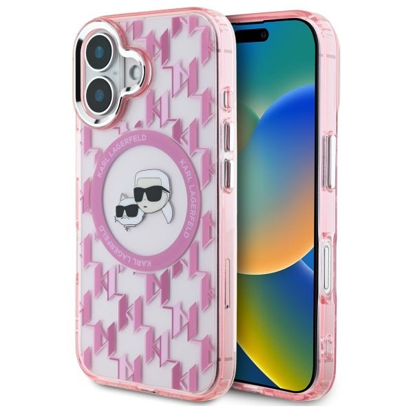 Karl Lagerfeld iPhone 16 - IML Monogram Karl and Choupette Head - MagSafe Σκληρή Θήκη με Πλαίσιο Σιλικόνης - Pink - KLHMP16SHMCKMHP