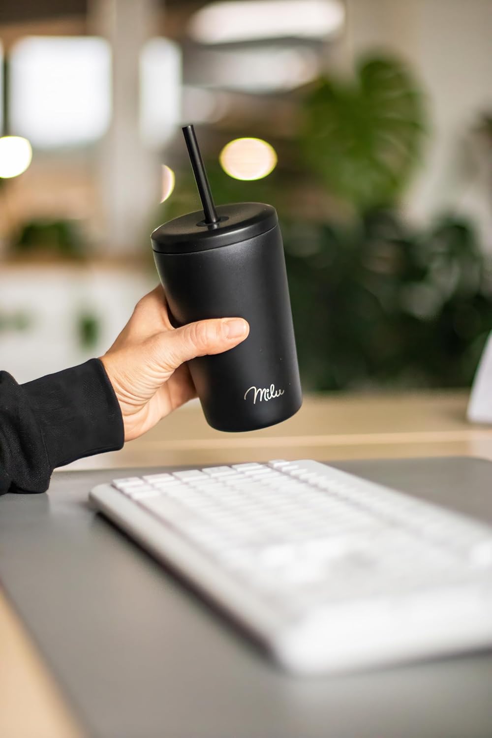 Milu T10 Κούπα Θερμός Από Ανοξείδωτο Ατσάλι με 2 Καπάκια και 2 Καλαμάκια - 100% Στεγανή - 400 ml - Black - 1266
