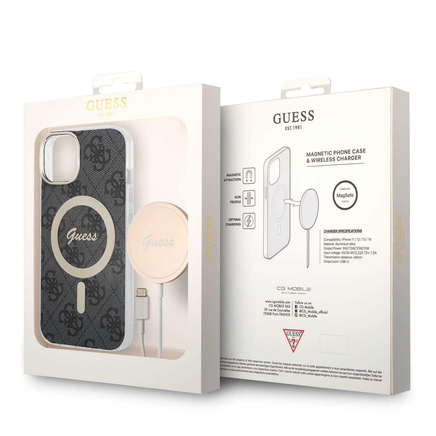 Guess iPhone 15 / 14 / 13 - Bundle Pack - Σετ Σκληρή Θήκη με Πλαίσιο Σιλικόνης και Ασύρματος Φορτιστής MagSafe - Design 4G Print MagSafe - Black - GUBPP14SH4EACSK