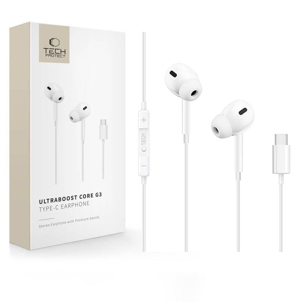 Tech-Protect Ενσύρματα Handsfree Ακουστικά με Βύσμα Type-C - Ultraboost Core G3 - White
