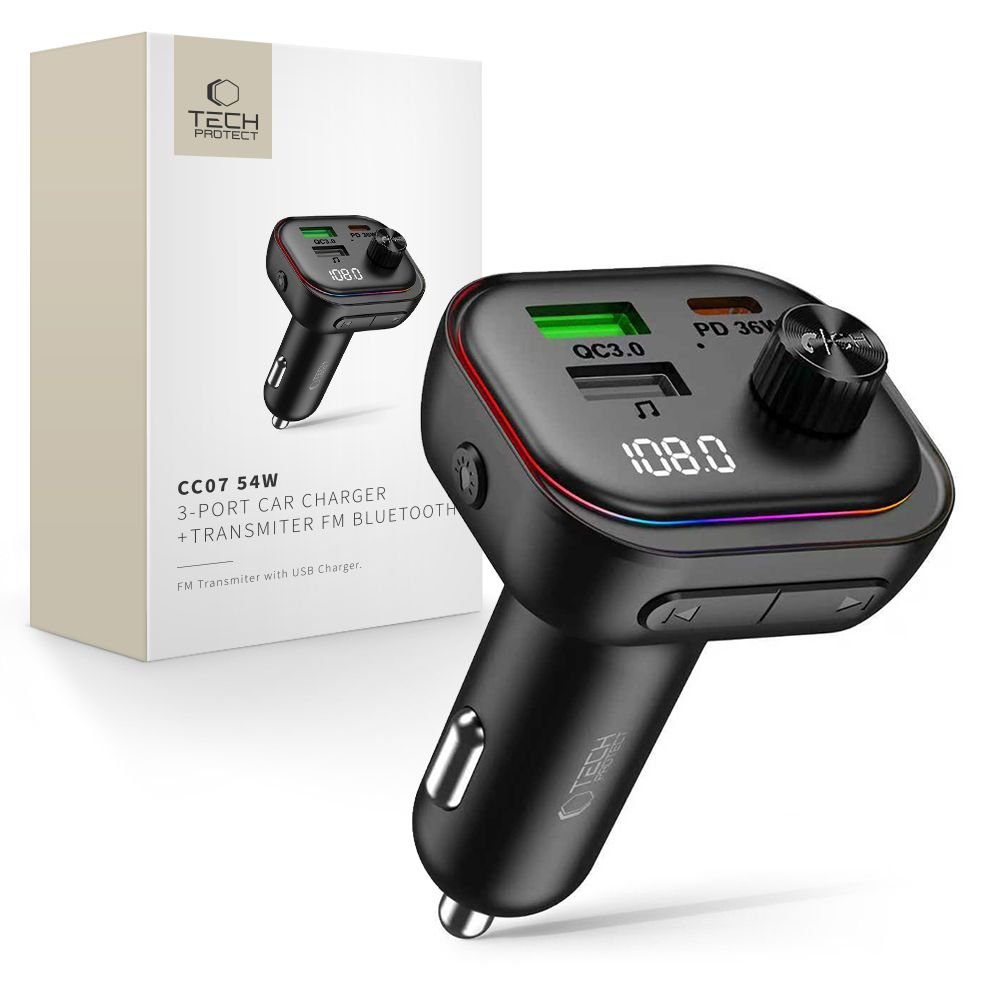 Tech - Protect FM Transmitter για Αναπαραγωγή Μουσικής / Κλήσεις / Φόρτιση Κινητών στο Αυτοκίνητο PD 54W - CC07 - Black