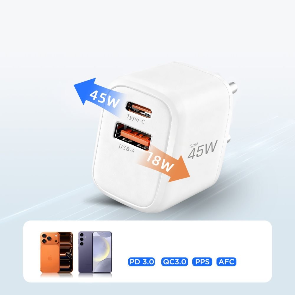 Tech - Protect Φορτιστής Γρήγορης Φόρτισης με 1 Θύρα Type - C και 1 Θύρα USB και Καλώδιο Type - C - NCA45W - GAN - White