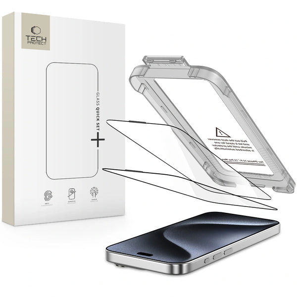 Tech - Protect iPhone 15 Pro - Quick Set+ - Σετ με 2 Full Screen Αντιχαρακτικά Γυαλιά Οθόνης με Οδηγό Τοποθέτησης - Black