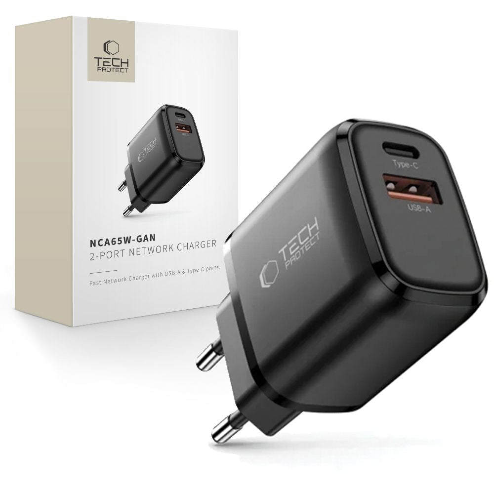 Tech-Protect Οικιακός Φορτιστής με 1 Θύρα USB και 1 Θύρα Type-C PD 65W QC3.0 - NCA65W-GAN - Black