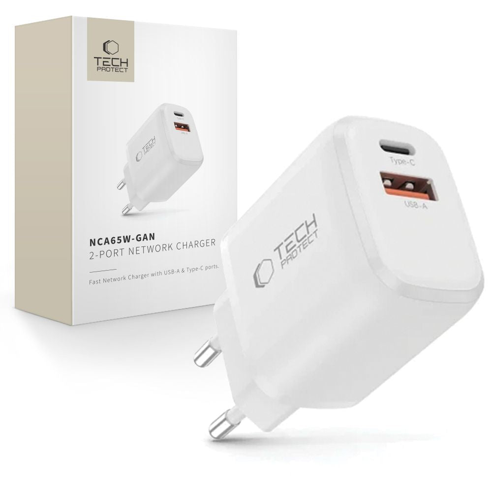 Tech-Protect Οικιακός Φορτιστής με 1 Θύρα USB και 1 Θύρα Type-C PD 65W QC3.0 - NCA65W-GAN - White