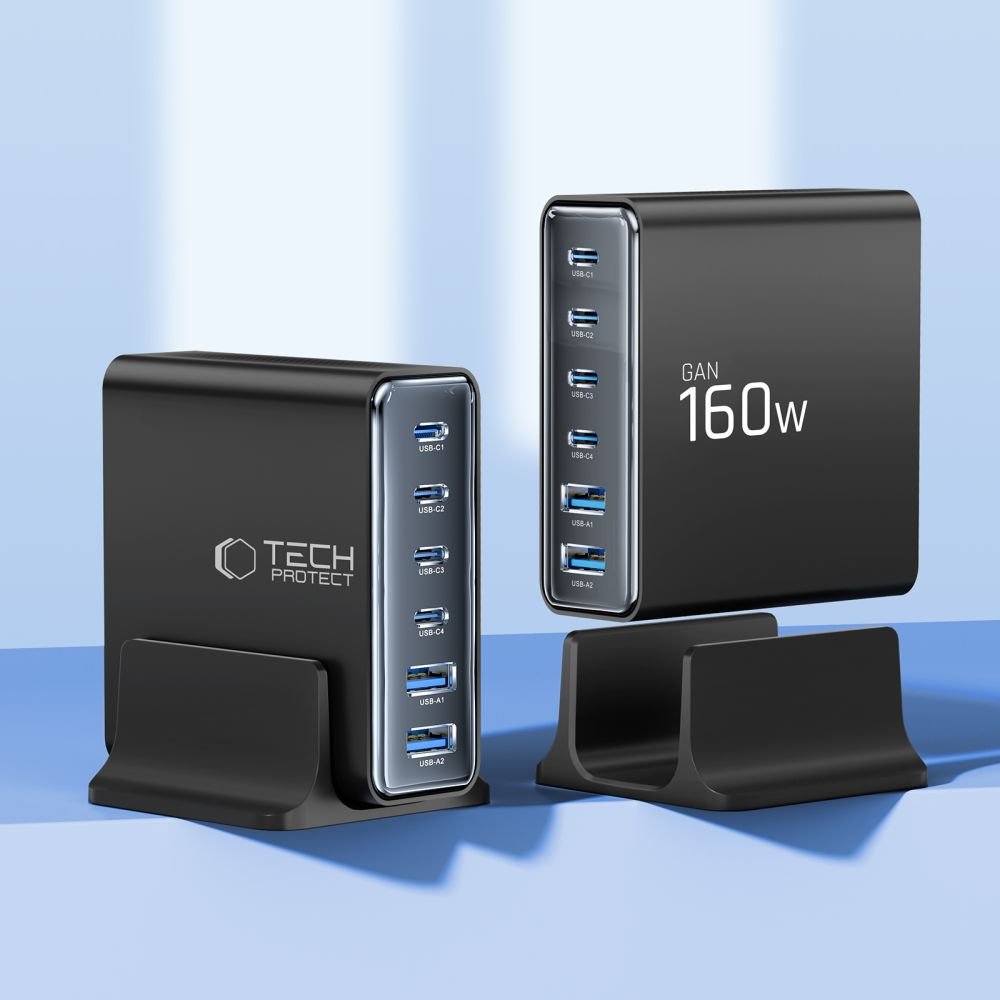 Tech - Protect Σταθμός Φόρτισης με 2 Θύρες USB και 4 Θύρες Type - C - PD 160W/QC3.0 - DC160W - GAN - Black