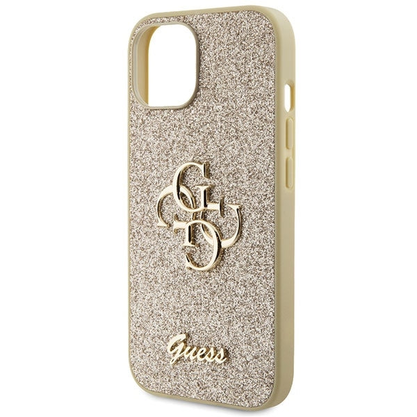 Guess iPhone 15 Plus Glitter Script Big 4G Σκληρή Θήκη με Πλαίσιο Σιλικόνης - Gold - GUHCP15MHG4SGD