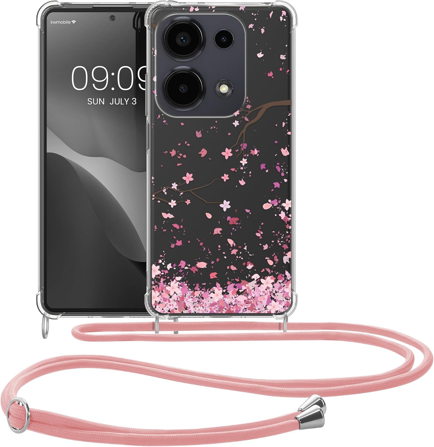 KW Xiaomi Redmi Note 13 Pro 4G Θήκη Σιλικόνης TPU με Λουράκι - Design Cherry Blossoms - Pink / Dark Brown / Διάφανη