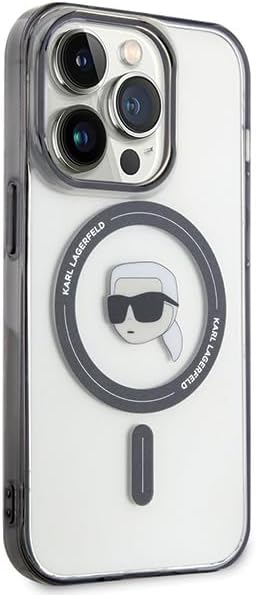 Karl Lagerfeld iPhone 15 Pro Max - IML Karl's Head MagSafe Σκληρή Θήκη με Πλαίσιο Σιλικόνης και MagSafe - Διάφανη / Black - KLHMP15XHKHNOTK