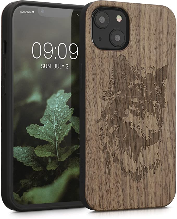 KW iPhone 13 Θήκη από Φυσικό Ξύλο - Design Wolf Head - Brown / Dark Brown - 55953.10