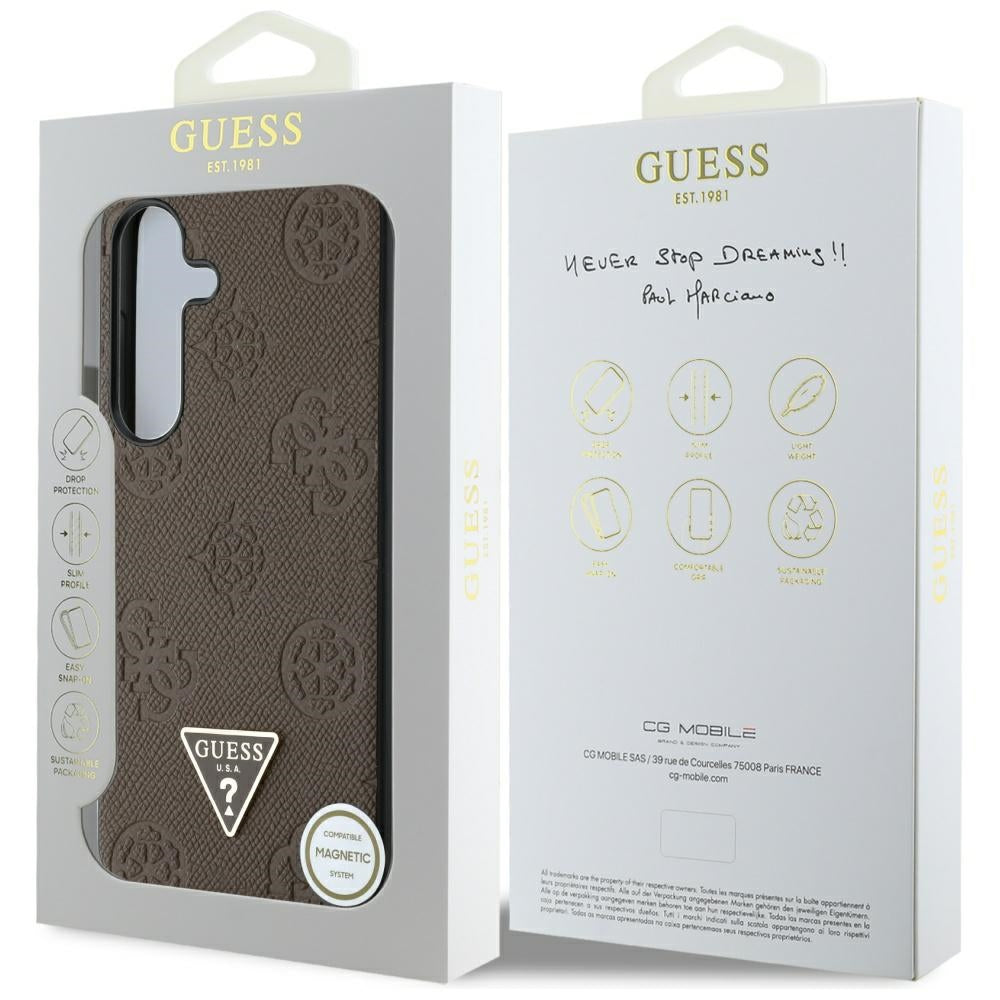 Guess Samsung Galaxy S25 - Grained Hot Stamp Peony Pattern Triangle Logo - MagSafe Σκληρή Θήκη με Πλαίσιο Σιλικόνης και Συνθετικό Δέρμα - Brown - GUHMS25SPGBTMW