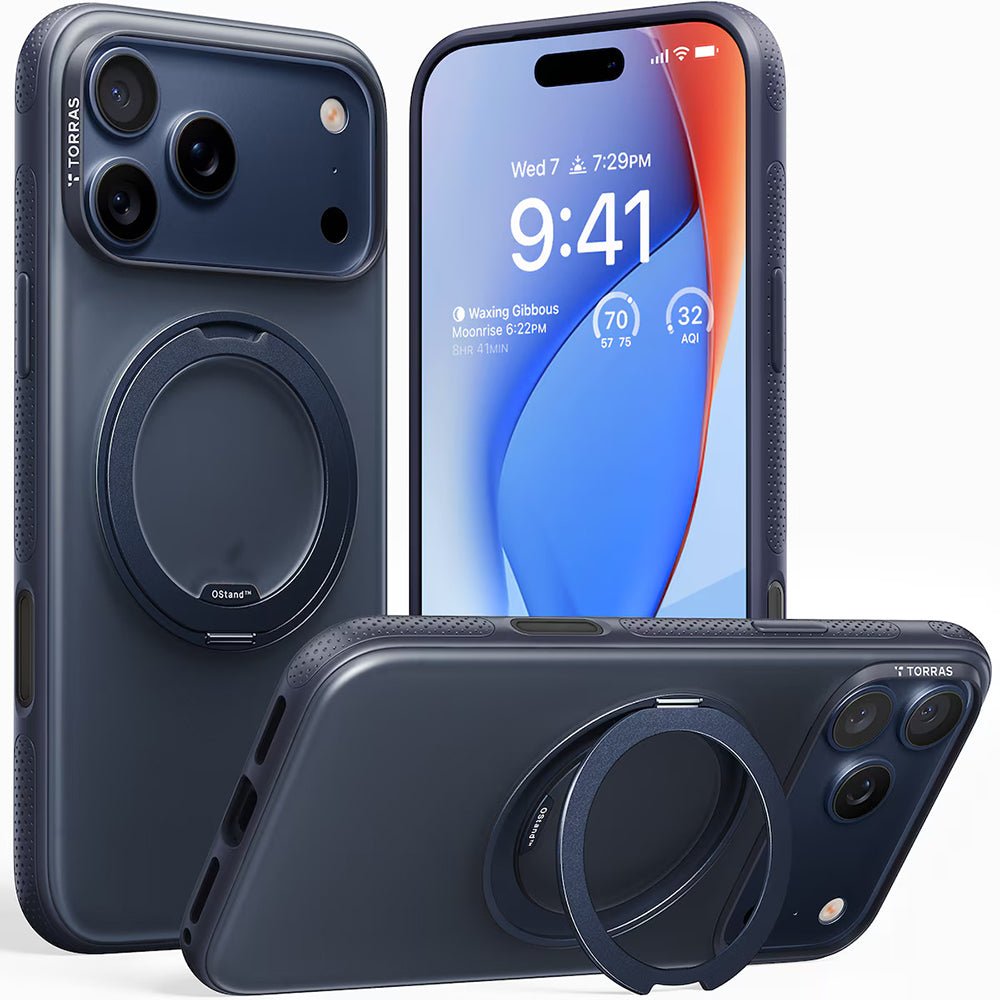 Torras iPhone 17 Pro - Σκληρή θήκη με Περιστρεφόμενο Stand / MagSafe - Ostand R Fitness Series - Navy Blue