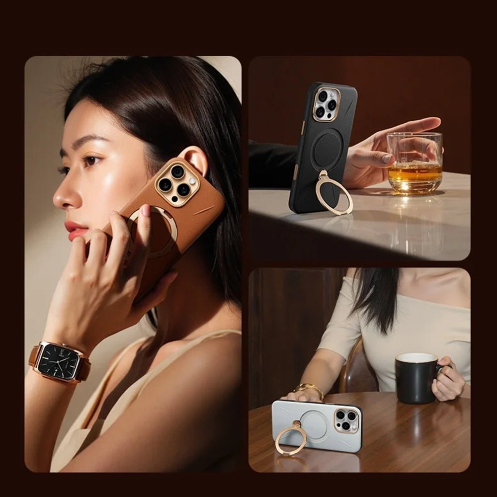 Torras iPhone 17 Pro - Σκληρή θήκη με Περιστρεφόμενο Stand / MagSafe - QPRO Leather Series - Black