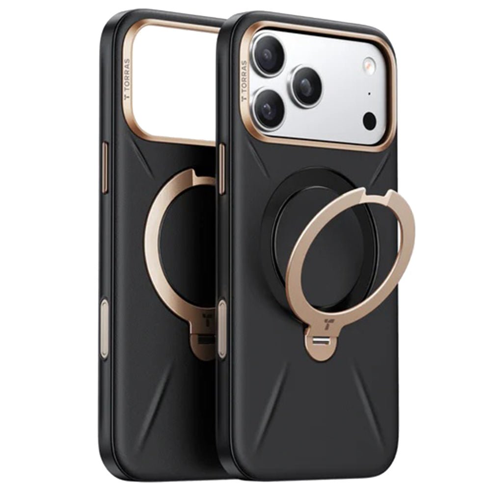 Torras iPhone 17 Pro - Σκληρή θήκη με Περιστρεφόμενο Stand / MagSafe - QPRO Leather Series - Black