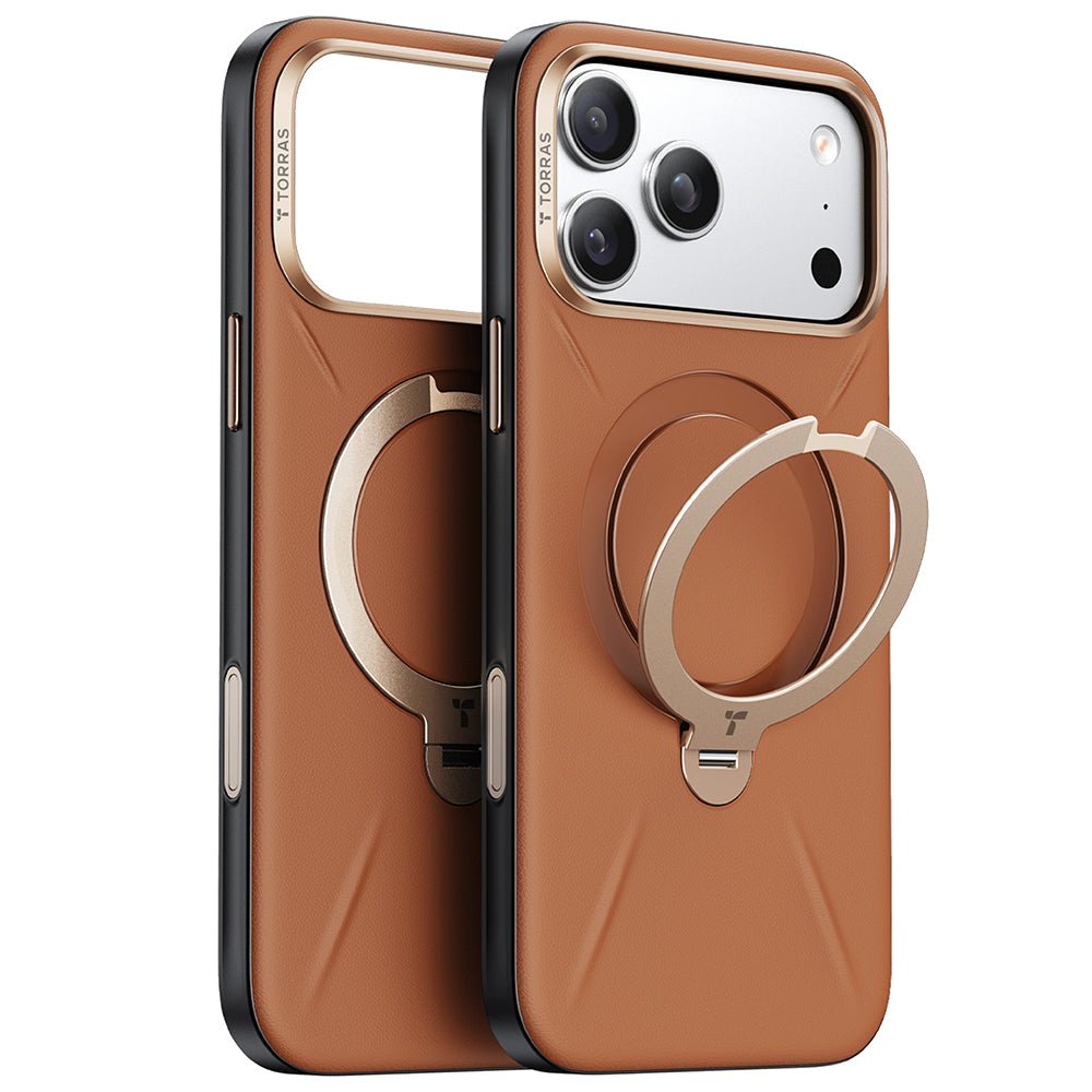 Torras iPhone 17 Pro - Σκληρή θήκη με Περιστρεφόμενο Stand / MagSafe - QPRO Leather Series - Brown