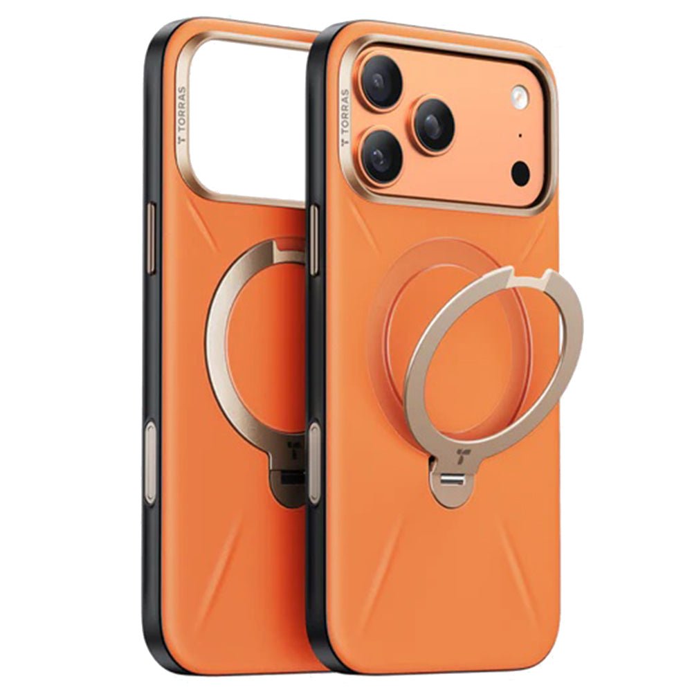 Torras iPhone 17 Pro - Σκληρή θήκη με Περιστρεφόμενο Stand / MagSafe - QPRO Leather Series - Orange