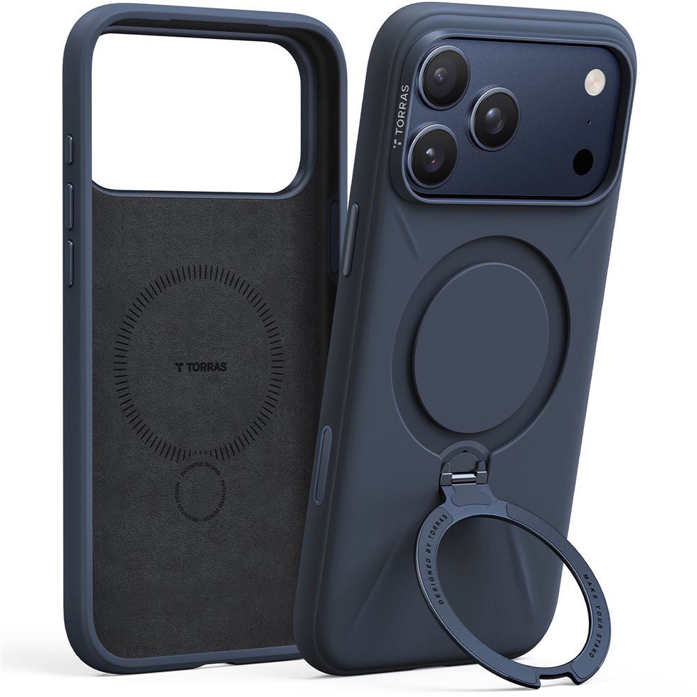 Torras iPhone 17 Pro - Θήκη Σιλικόνης με Περιστρεφόμενο Stand / MagSafe - QPRO Silicone Series - Navy Blue