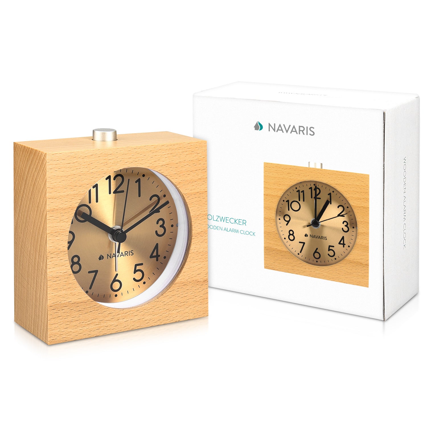 Navaris Analogue Wood Alarm Clock Design Square - Αναλογικό Επιτραπέζιο Ρολόι και Ξυπνητήρι - Gold / Light Brown - 46229.24