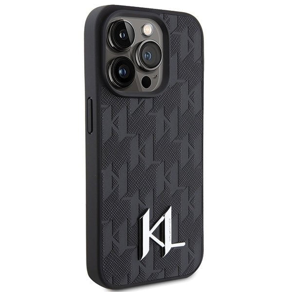 Karl Lagerfeld iPhone 15 Pro Max - Leather Monogram Hot Stamp Metal Logo Σκληρή Θήκη με Επένδυση Συνθετικού Δέρματος και Πλαίσιο Σιλικόνης - Black - KLHCP15XPKLPKLK