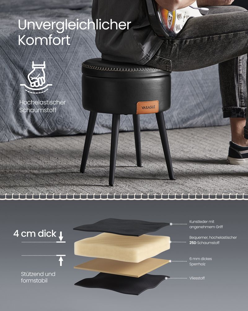 Vasagle EKHO Σκαμπό με Αποθηκευτικό Χώρο από Συνθετικό δέρμα και Ατσάλινα Πόδια - 38.2 x 44.4 cm - Ink Black - LOM005B01