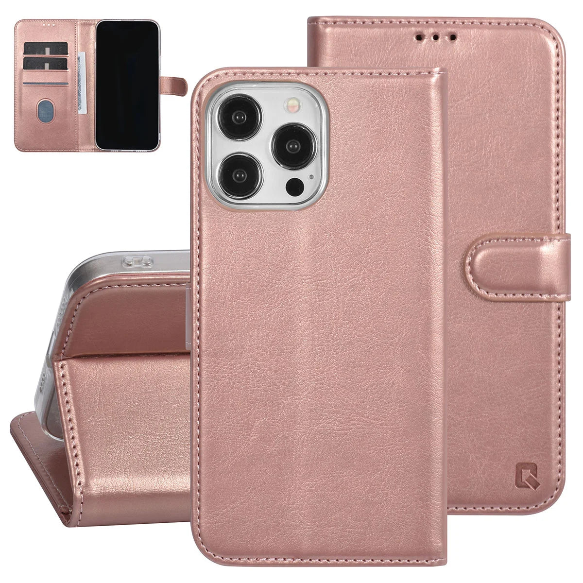 Tuniq iPhone 15 Pro Max - Θήκη Πορτοφόλι Stand από Δερματίνη - Rose Gold