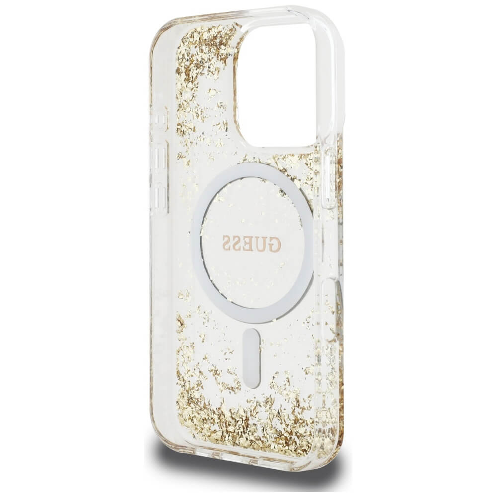 Guess iPhone 16 Pro - HC Resin Bottom Glitter - MagSafe Σκληρή Θήκη με Πλαίσιο Σιλικόνης - Gold - GUHMP16LRGRGED