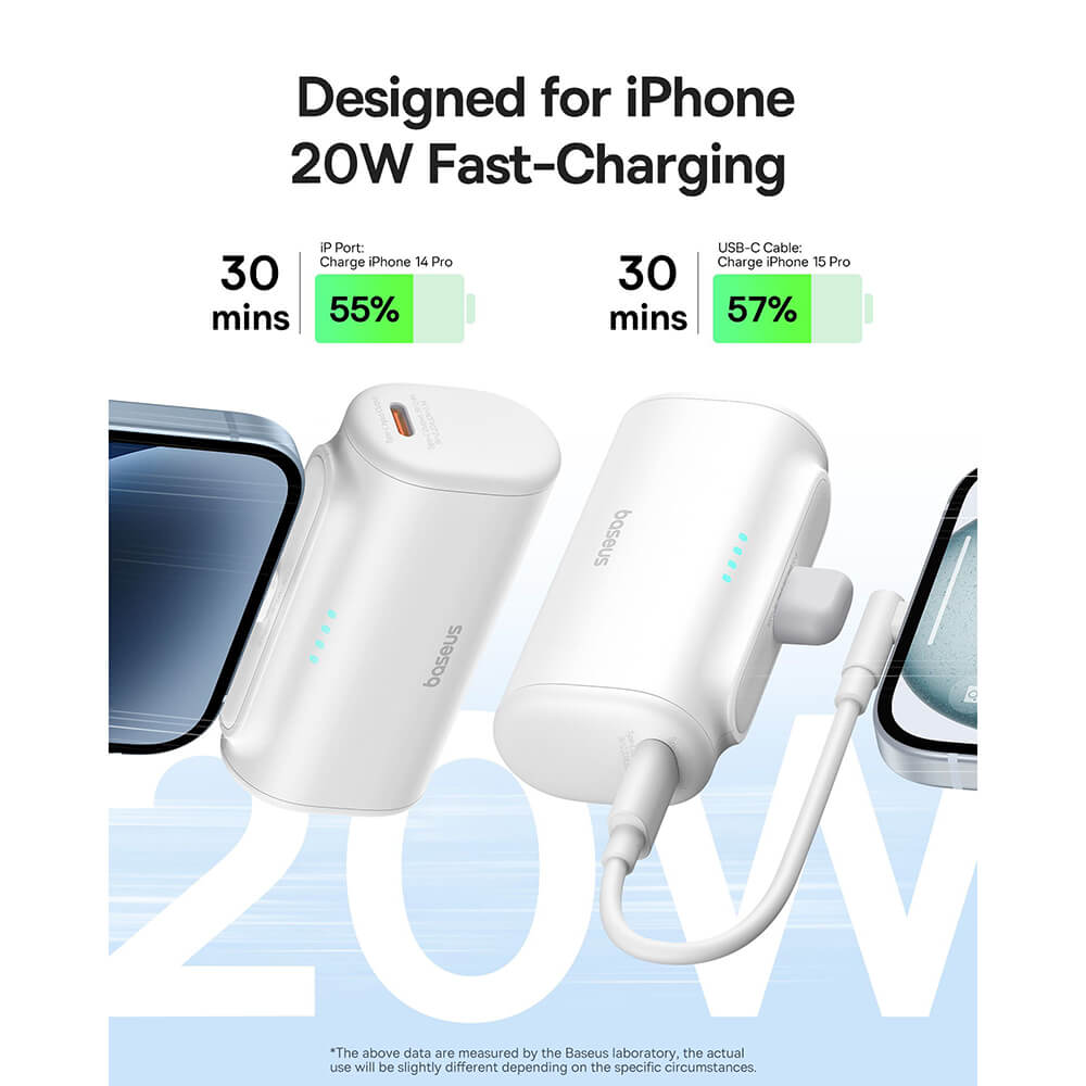 Baseus Compact Series Lightning - PowerBank 5000mAh 20W με Καλώδιο Type-C to Type-C - White - P10068307213-00