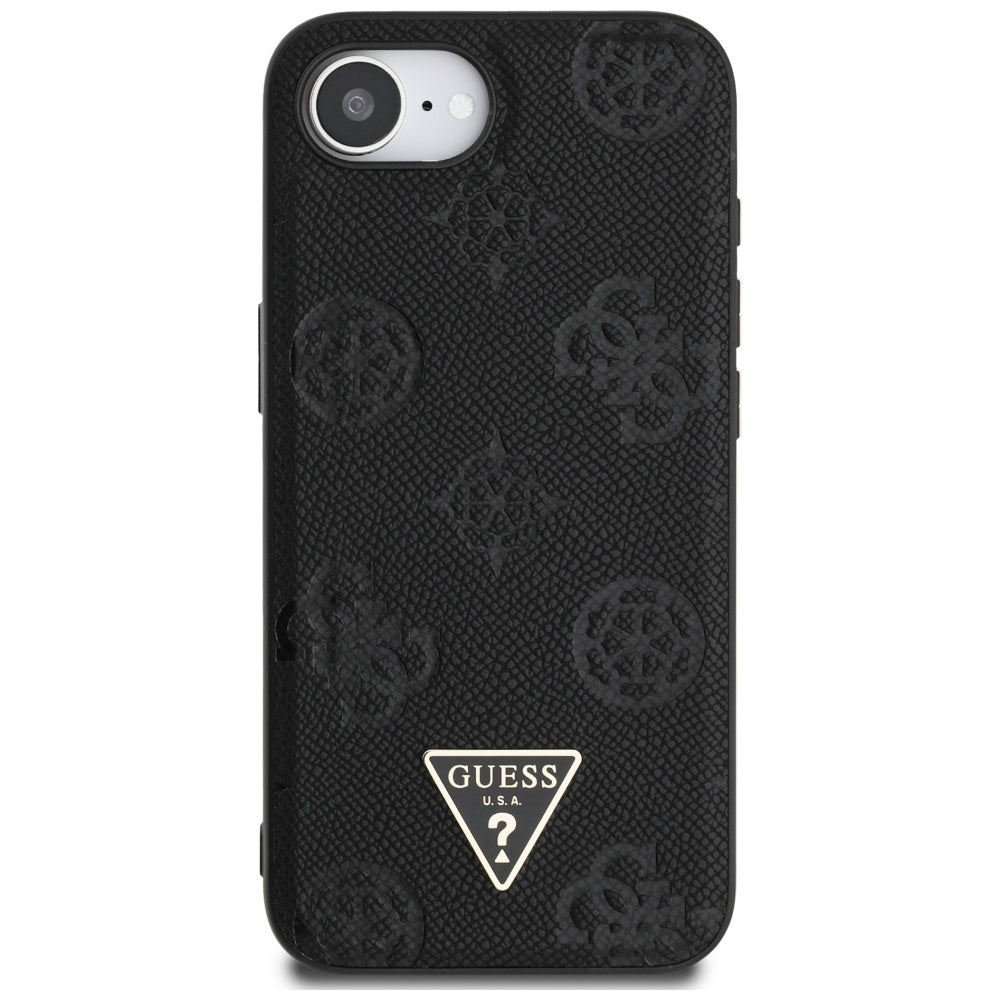 Guess iPhone 16e - Grained Hot Stamp Peony Triangle Logo - MagSafe Σκληρή Θήκη με Επένδυση Συνθετικού Δέρματος - Black - GUHMPSE4PGBTMK