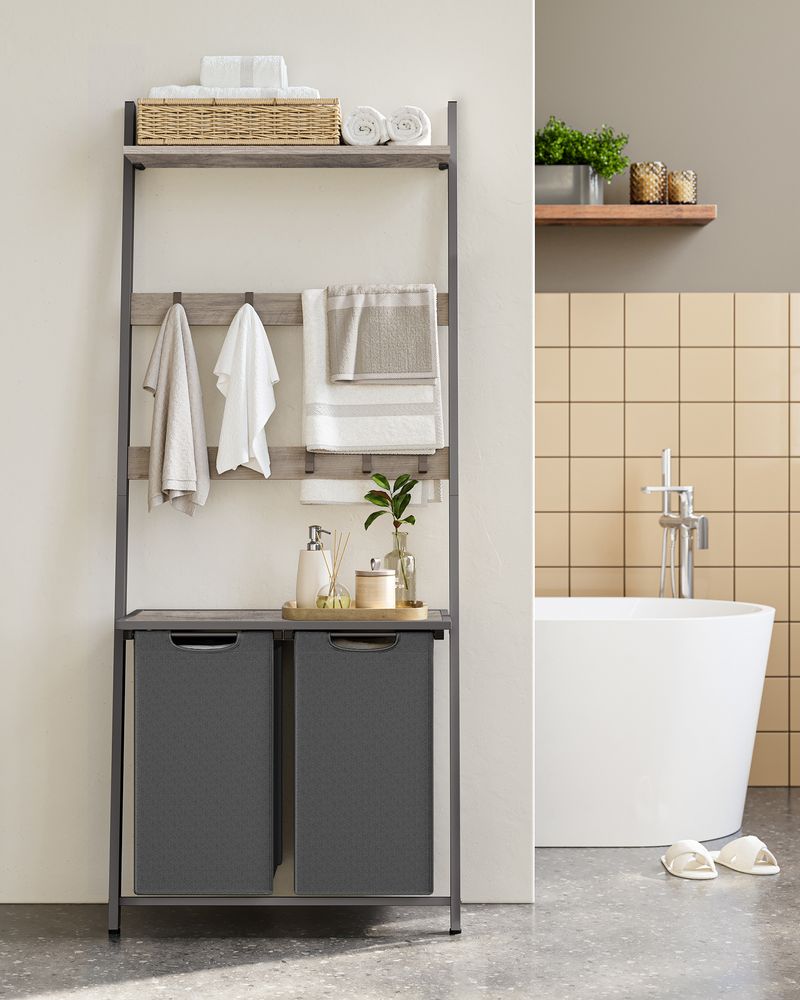 Vasagle Καλάθι Απλύτων 2 Διαμερισμάτων με Ράφι και Βάση για Πετσέτες - 73 x 33 x 177 cm - 92L - Greige / Grey - BLH221G01