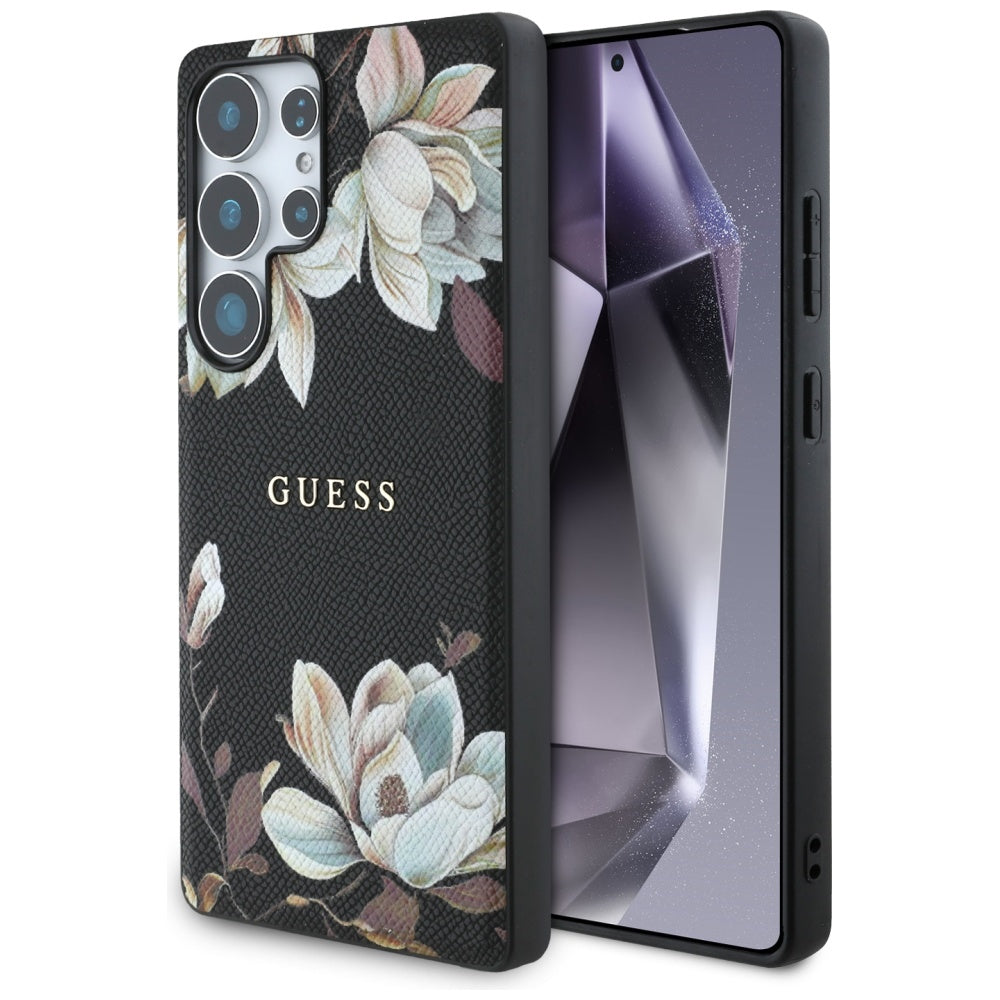 Guess Samsung Galaxy S25 Ultra - Grained Printed Flower Pattern - Θήκη με Επένδυση Συνθετικού Δέρματος και MagSafe - Black - GUHMS25LPGNMPLMK
