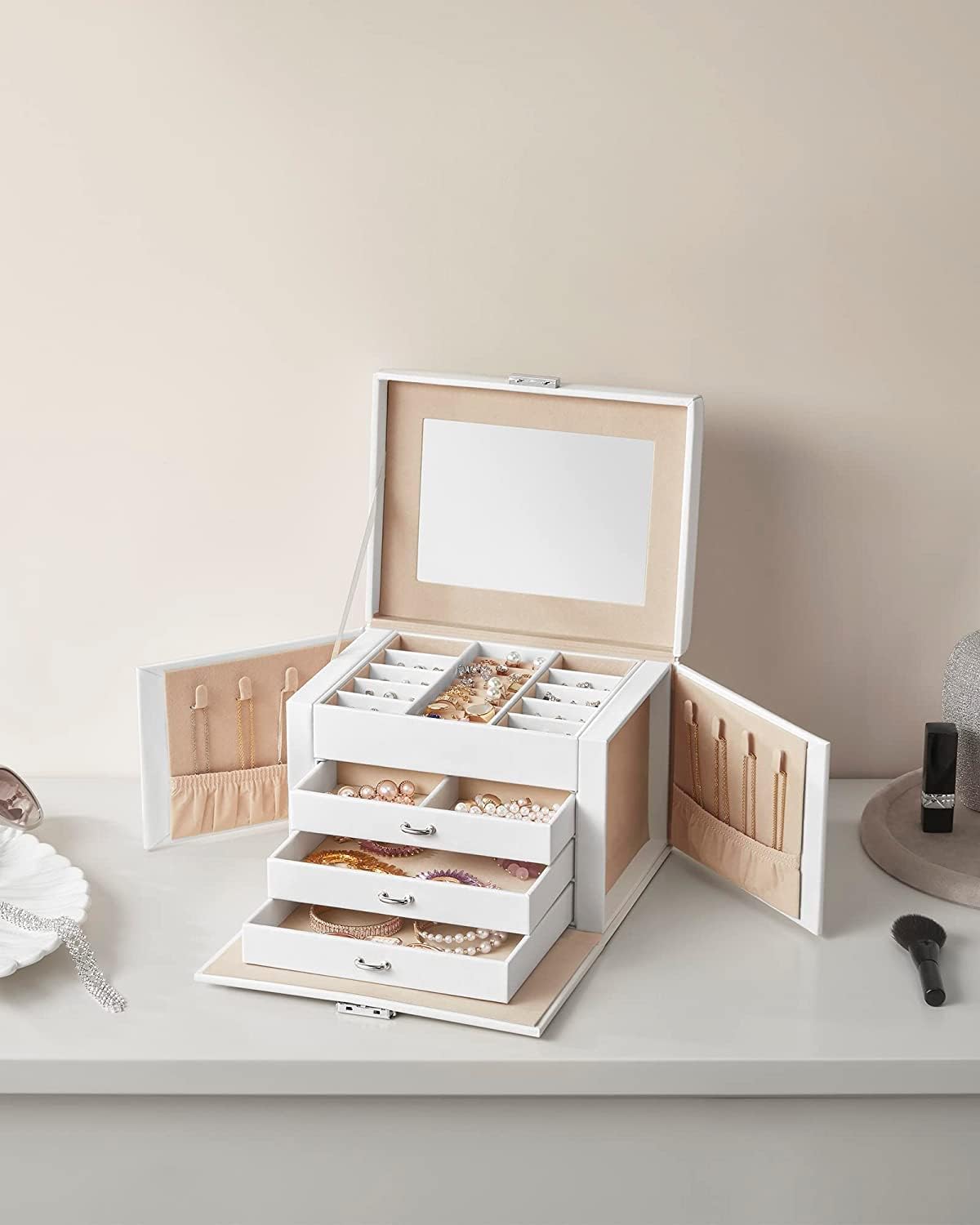 Songmics Φορητό Κουτί Αποθήκευσης Κοσμημάτων 4 Επιπέδων με Καθρέπτη και Κλειδαριά - White - JBC159W01
