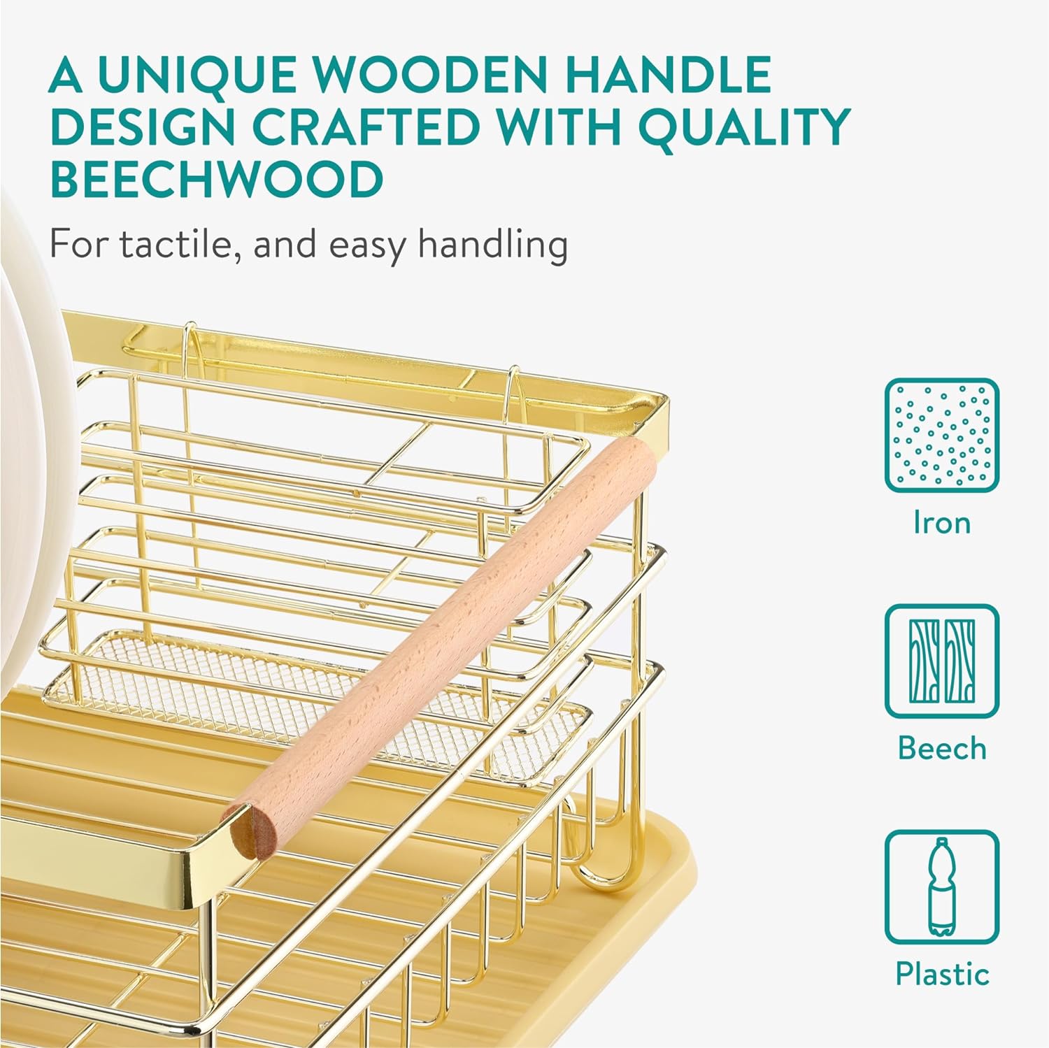 Navaris Σιδερένιο Στεγνωτήριο Πιάτων - Μαχαιροπίρουνων με Ξύλινες Λαβές και Πλαστικό Δίσκο - Gold - 52545.04