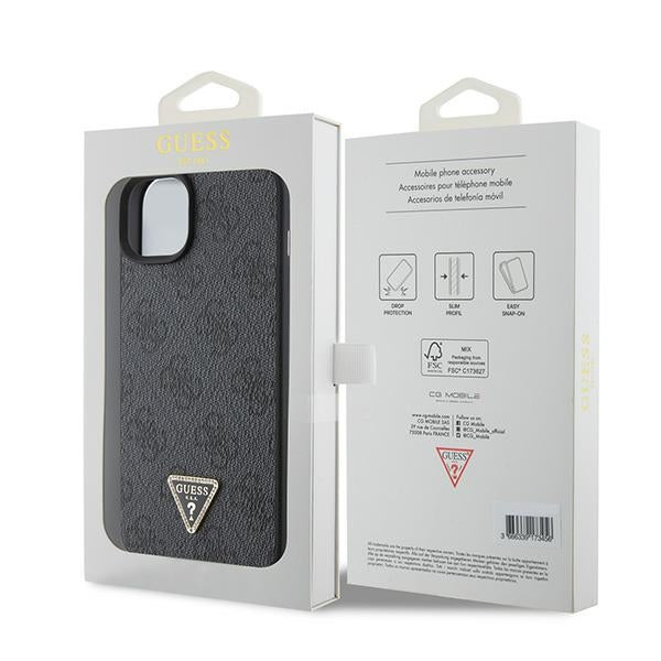 Guess iPhone 15 Leather 4G Diamond Triangle Θήκη με Επένδυση Συνθετικού Δέρματος - Black - GUHCP15SP4TDPK