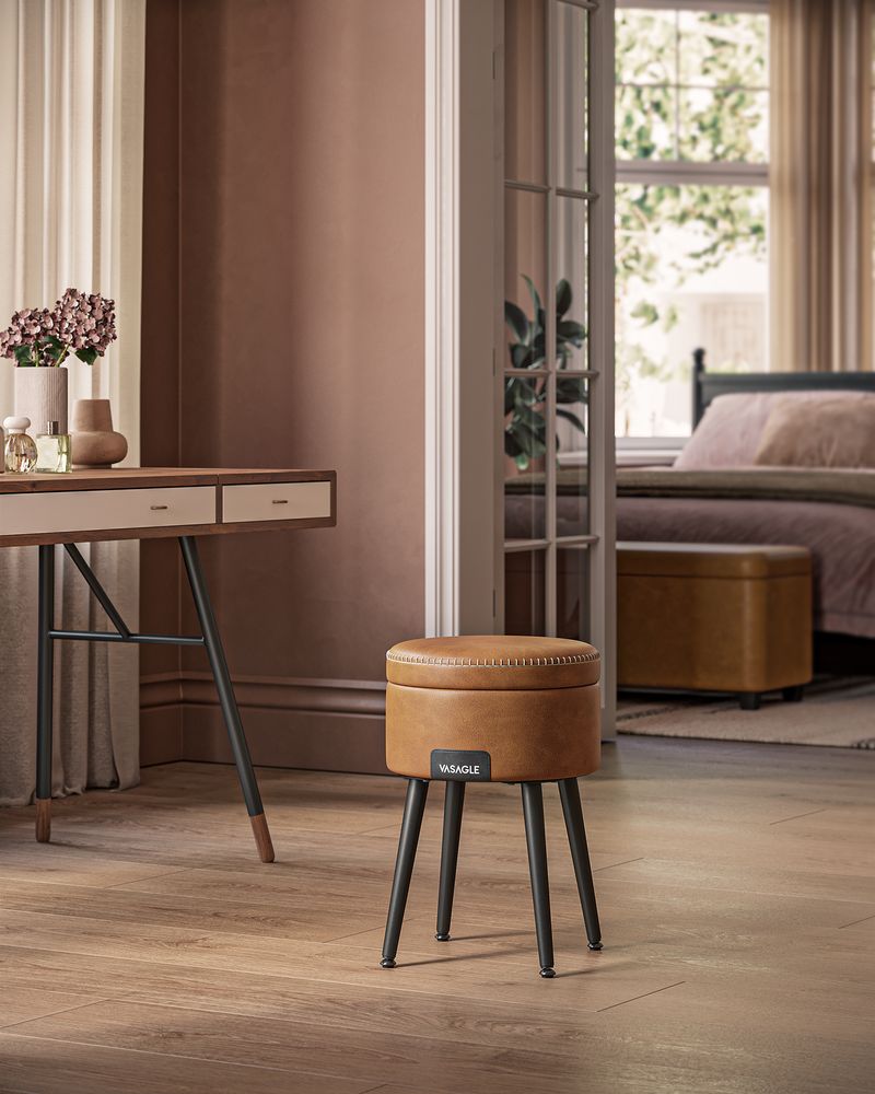 Vasagle EKHO Σκαμπό με Αποθηκευτικό Χώρο από Συνθετικό δέρμα και Ατσάλινα Πόδια - 38.2 x 44.4 cm - Caramel Brown - LOM005K01
