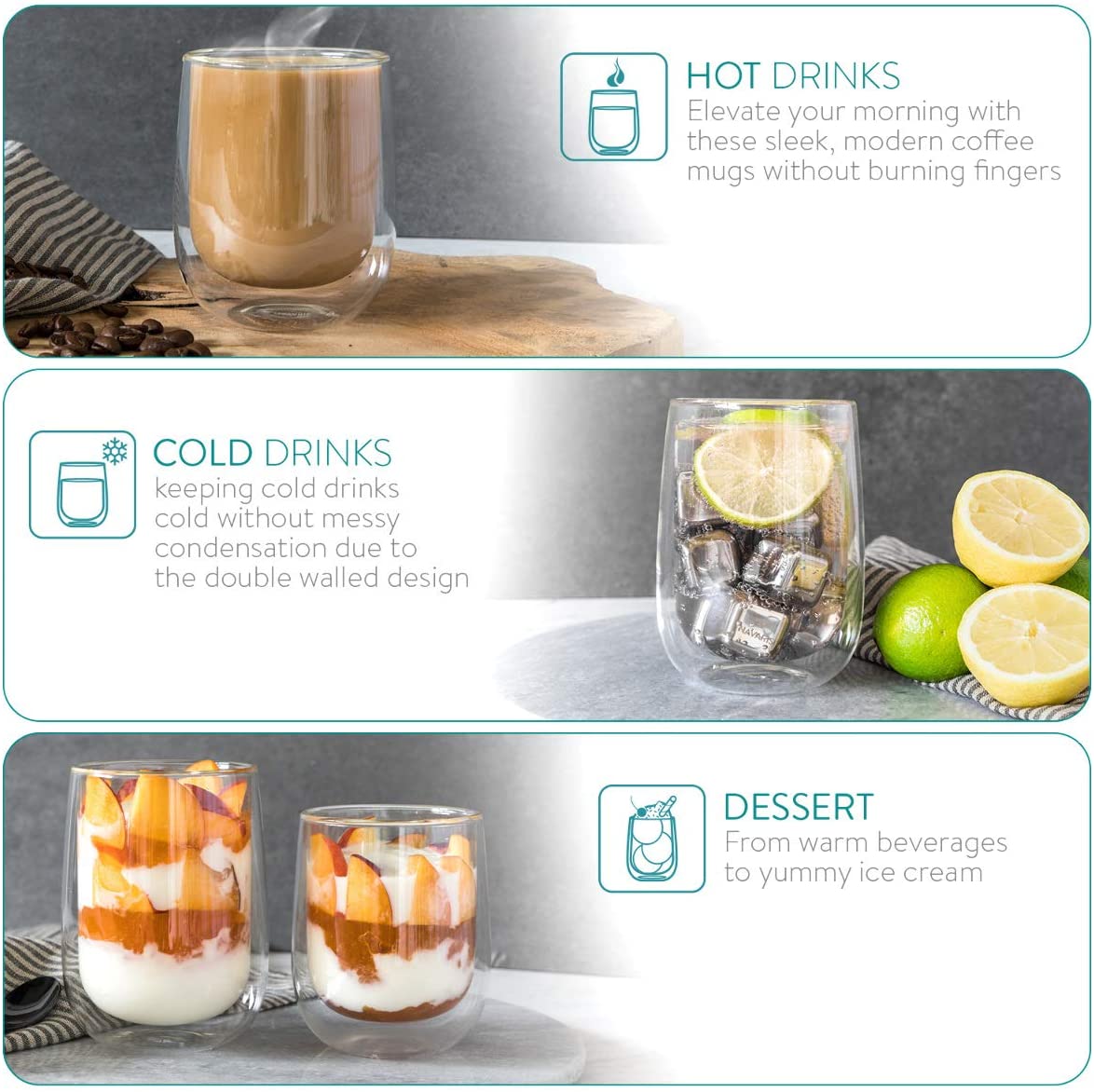 Navaris Double Walled Glass Mugs Set 4 Κούπες Διπλής Όψεως Από Γυαλί - 450ml - Διάφανο - 47547.01.3