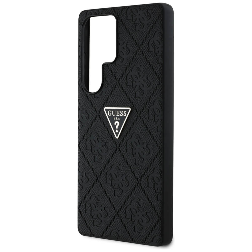 Guess Samsung Galaxy S25 Ultra - Hot Stamp 4G Pattern Triangle Metal Logo - Θήκη με Επένδυση Συνθετικού Δέρματος και Πλαίσιο Σιλικόνης - Black - GUHCS25LPGP4STRK