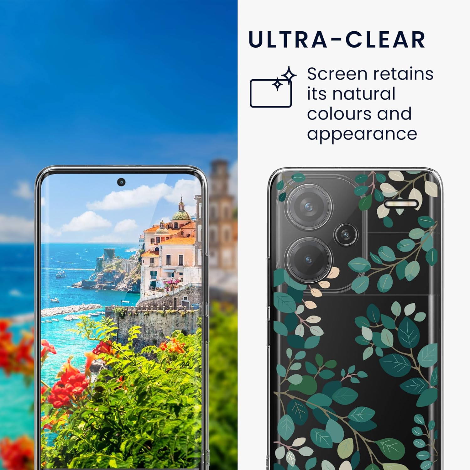 KW Xiaomi Redmi Note 13 Pro+ 5G Θήκη Σιλικόνης TPU με Αντιχαρακτικό Γυαλί - Design Spring Leaves - Green / Διάφανη