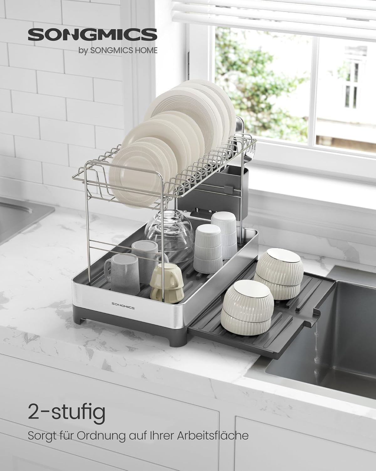 Songmics Στεγνωτήριο Πιάτων και Μαχαιροπίρουνων 2 Επιπέδων - Silver / Grey - KCS036G01