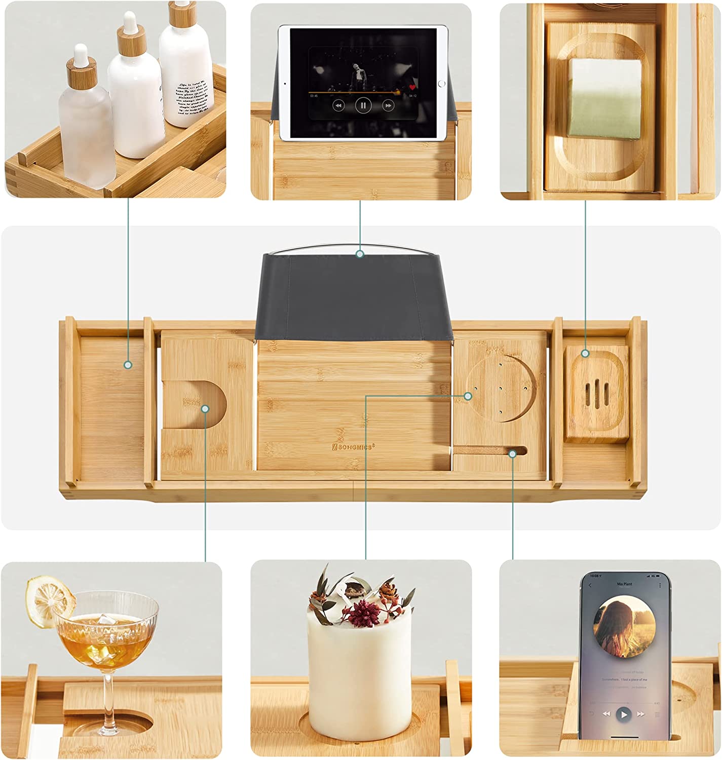 Songmics Επεκτεινόμενη Βάση από Μπαμπού για τη Μπανιέρα και Θήκη Σαπουνιού - Natural - BCB88Y