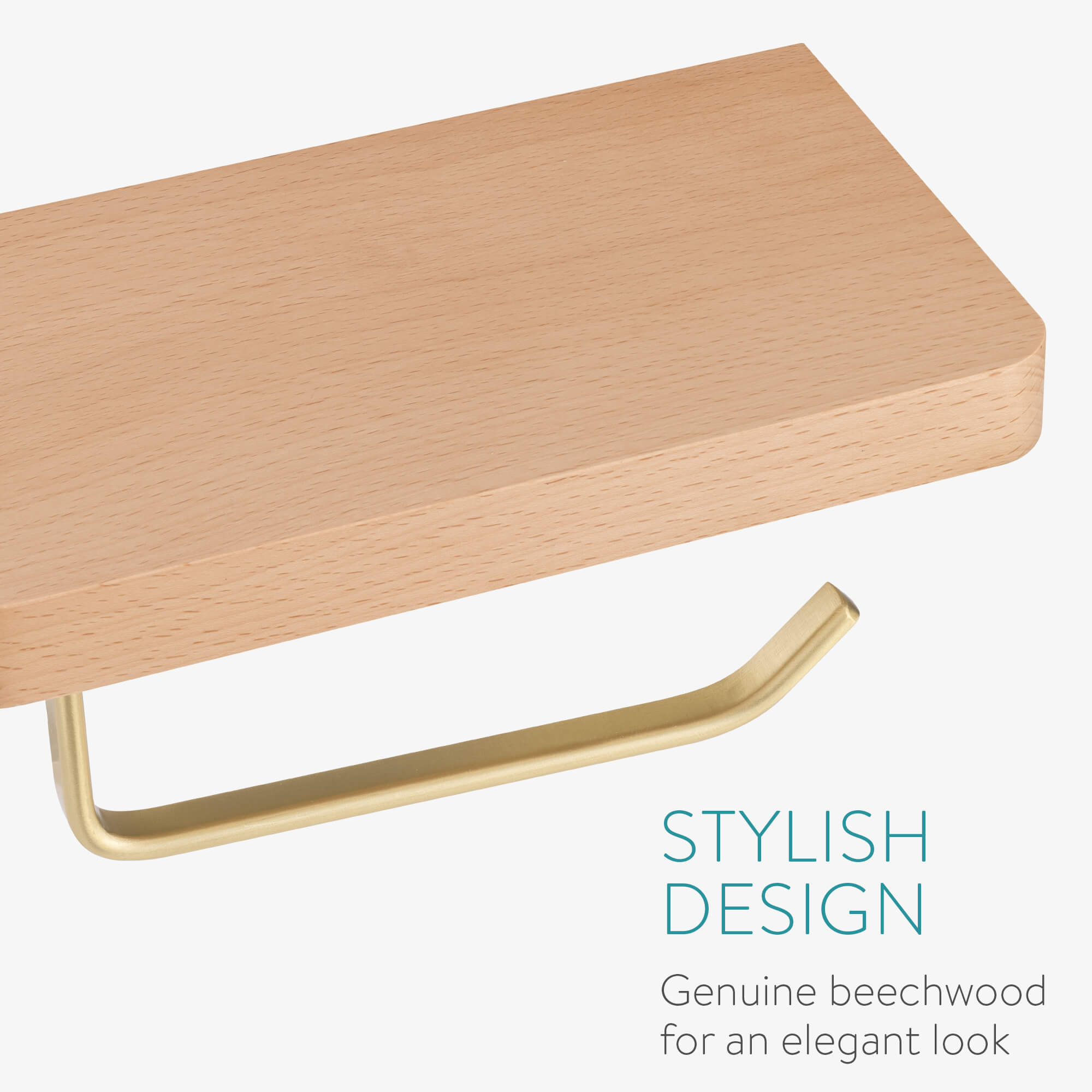 Navaris Επιτοίχια Βάση Ρολού Τουαλέτας με Ράφι από Ξύλο Οξιάς - Light Brown / Gold - 55538.11